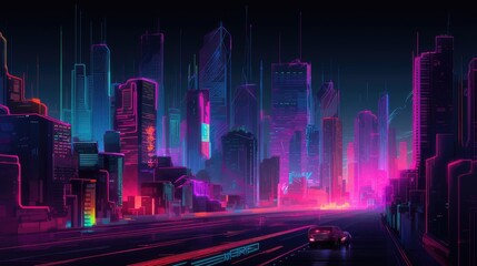 Fototapeta na wymiar Neon cityscape background at night , downtown illustration, web banner, AI