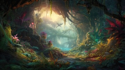 Fototapeta na wymiar Fantasy colorful jungles concept painting, AI