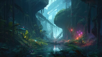 Concept of cyberpunk fantasy jungle, colorful forest, AI