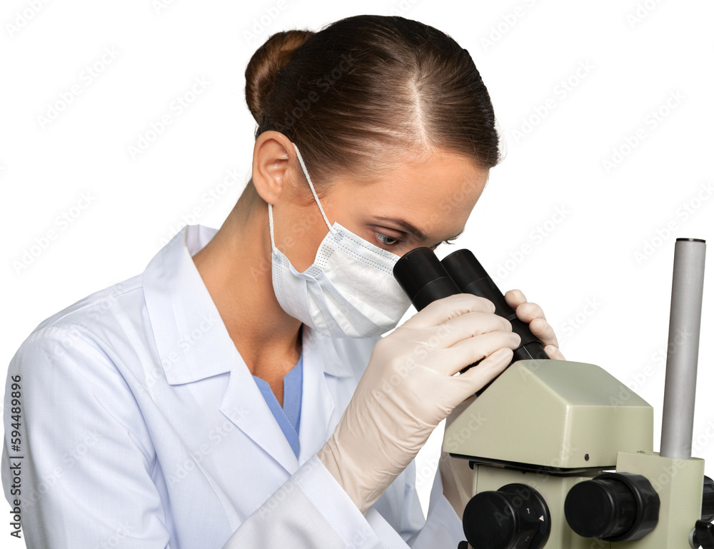 Poster scientist working with microscope isolated on white background
