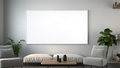 Modern living room with empty white canvas or wall decor frame in the center ai, ai generative, illustration
