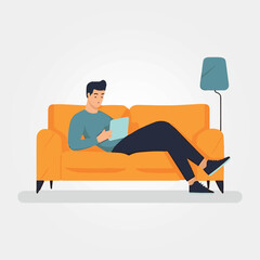 man lying on sofa using cell phone.