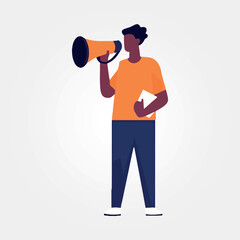 man speaking into megaphone, vector illustration