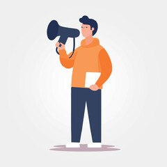standing man speaking into megaphone, vector illustration