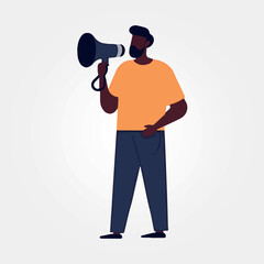black man speaking into megaphone, vector illustration