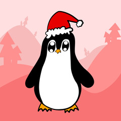 A little penguin wearing a Santa Claus hat is standing and enjoying the snowy mountain view