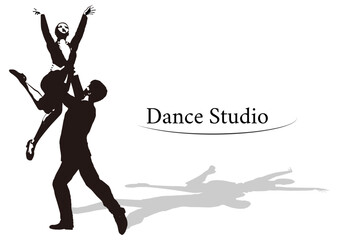 女性の腰を抱えてダンスする男性 社交ダンサーカップルのシルエットのイラスト 全身正面と後ろ姿