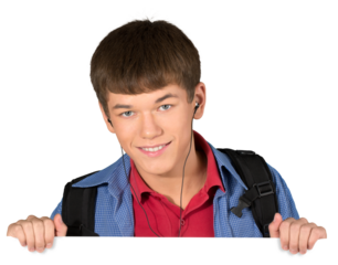 Teen male preppy wearing headphones peeking over invisible object