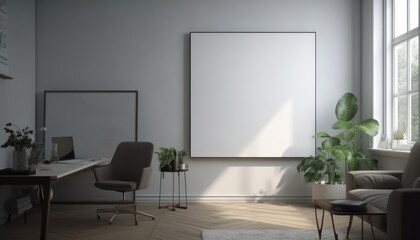 Modern living room with empty white canvas or wall decor frame in the center ai, ai generative, illustration