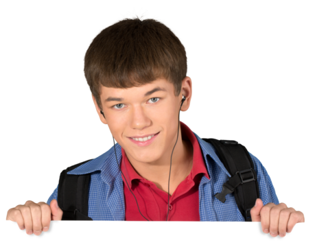 Teen male preppy wearing headphones peeking over invisible object