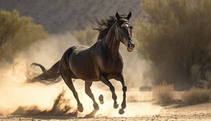 夕日に照らされ砂の上を走る馬 horse running on the field at sunset | Generative AI