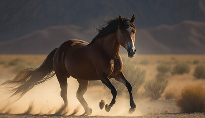 Obraz na płótnie Canvas 日に照らされ砂の上を走る馬 horse running on the sand at sunset | Generative AI