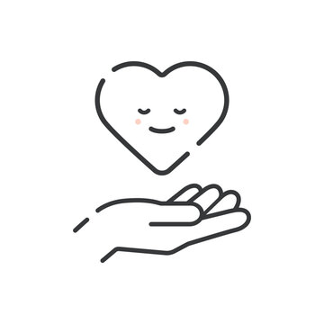 微笑んでいるハートを持っている人の手の線画アイコン - 恋愛･思いやり･メンタルヘルスのイメージ
