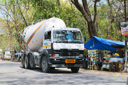 TATA cement truck driving on the road in Rishikesh, Uttarakhand, India, 2023