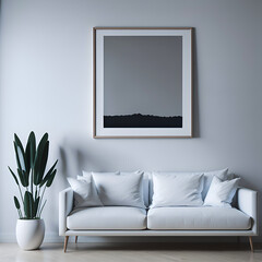A white picture frame hangs above a couch with a blue pillow on it created with Generative AI