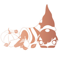 Gnome with cornucopia pumpkin leaves and fruit silhouette. Thanksgiving gnome silhouette