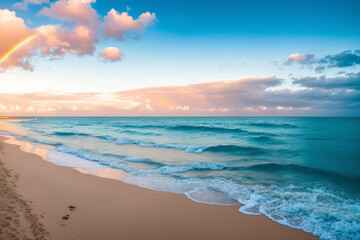 Fototapeta na wymiar A deserted beach with a vibrant rainbow rising from the oceanic horizon. Generative AI