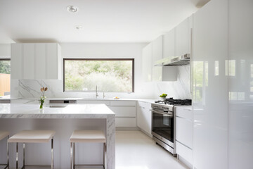 A modern, minimalist kitchen with white cabinets, marble countertops and stainless steel appliances. Generative AI