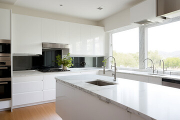 A modern, minimalist kitchen with white cabinets, marble countertops and stainless steel appliances. Generative AI
