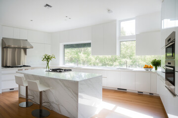 A modern, minimalist kitchen with white cabinets, marble countertops and stainless steel appliances. Generative AI
