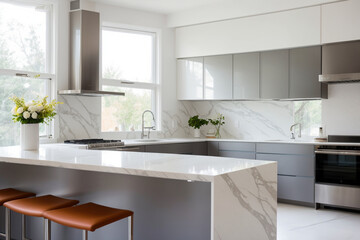 A modern, minimalist kitchen with white cabinets, marble countertops and stainless steel appliances. Generative AI