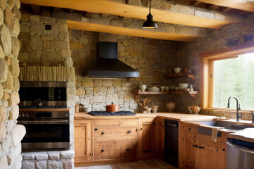 A rustic and cozy kitchen with stone walls, wooden cabinets and a ceramic sink. Generative AI