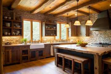 A rustic and cozy kitchen with stone walls, wooden cabinets and a ceramic sink. Generative AI