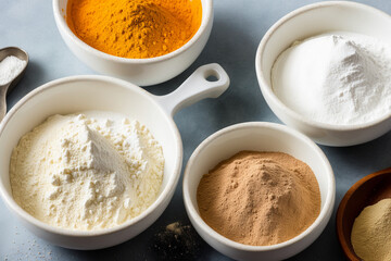 dry ingredients such as flour, sugar and yeast in ceramic bowls and measuring spoons. Generative AI