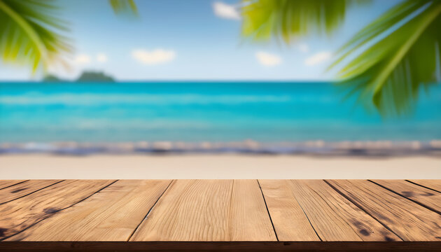 wooden table on the beach, Empty wooden table on a beautiful blured tropical beach background, Summer holiday background for product display 