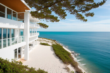 Fototapeta na wymiar white beach house overlooking the sea. Generative AI