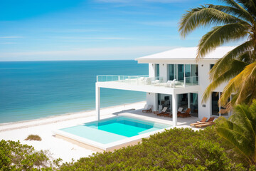 white beach house overlooking the sea. Generative AI