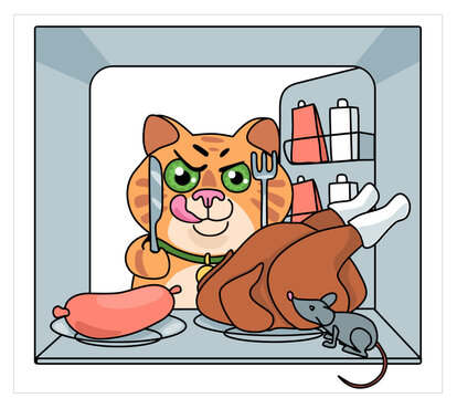 Cute cat looks into the refrigerator. Hungry cat with a knife and fork in his paws. The cat wants to eat sausage or grilled chicken. The mouse hides from the cat. Humor card