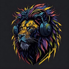 lion head with headphones and colored mane