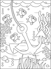 Coloring page with anchor and underwater scene of sea life
