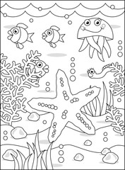Coloring page with starfish and underwater scene of sea life
