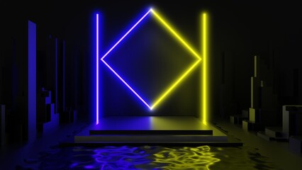 Podium neon yellow and purple background with glowing square frame, Abstract background, 3D rendering