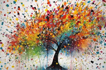 Plakat illustration leaf tree leaves dots spectacular splatter explosion graffiti holding paintbrushes mystic unity bright colorful pouring techniques wall twisted flux, generative ai