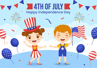 Fototapeta na wymiar 4th of July Independence Day USA Vector Illustration with Kids and American Flag Background in Flat Cartoon Hand Drawn Landing Page Templates