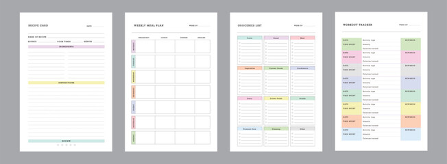 4 set Meal Planner and groceries list planner. Plan you food day easily. Vector illustration