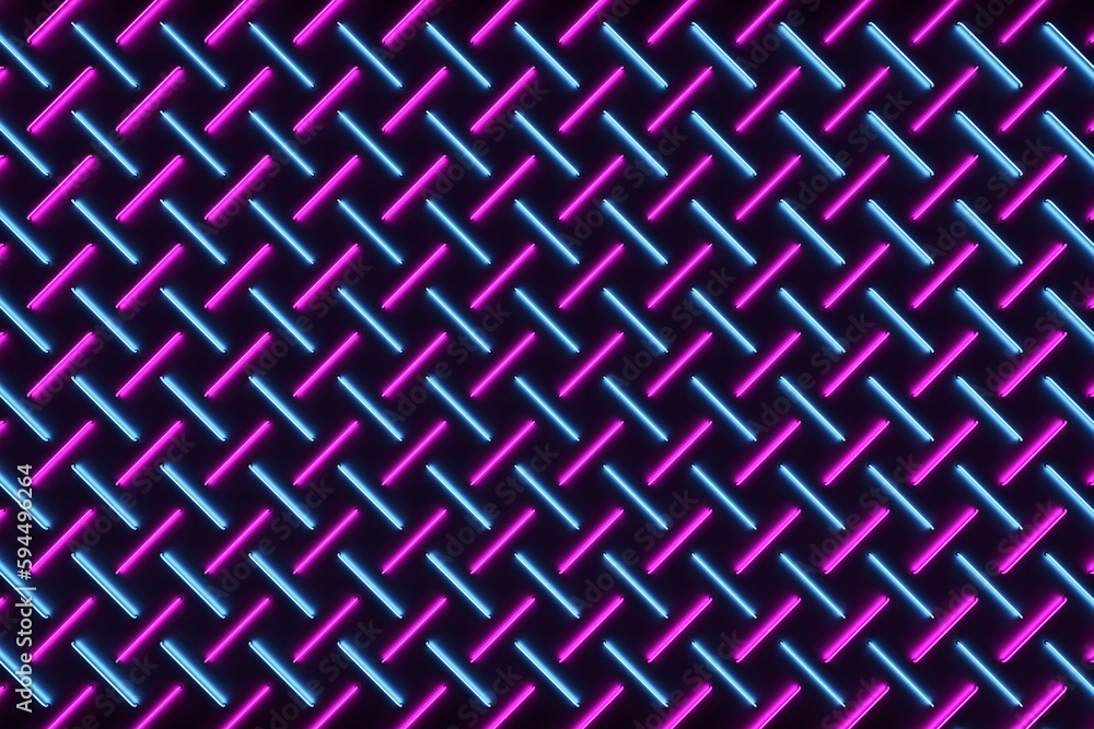 Poster 3d illustration of rows of pink and blue stripes flanking cells. set of mesh on dark background. squ