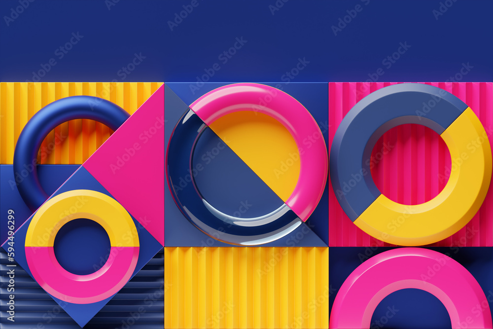 Poster geometric composition with different shapes. dynamic set of realistic tori, rings, tubes. modern bac