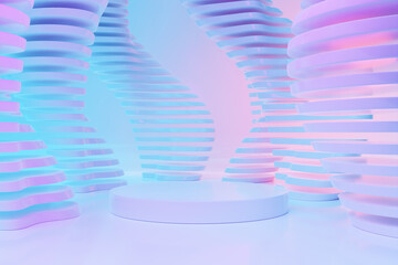 3d illustration of a  white round  podium under  pink and blue  light on a  monochrome background. 3d rendering. Geometric minimalism background