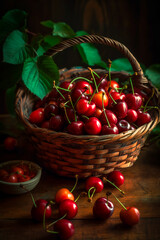 Fototapeta na wymiar Ripe cherry fruit lying in a basket.AI generativ.