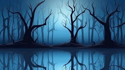 Naklejka premium Dark natural scene with reflection of light in the water illustration. Generative AI