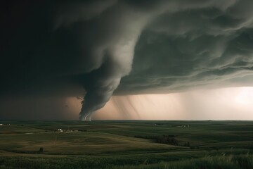 Dramatic image of a tornado forming in the distance. Generative AI