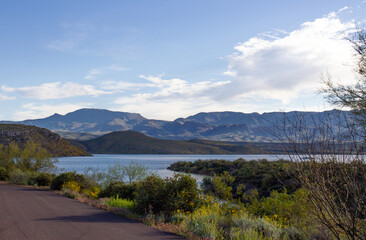 Theodore Roosevelt Lake with high water in spring 2023 in Tonto National Forest in Arizona