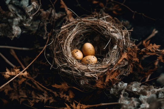 bird nest with eggs. AI generative image.