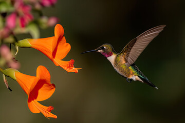 Fototapeta premium A hummingbird is flying to a flower, close up. AI generative image.