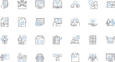 Assignment line icons collection. Project, Homework, Task, Essay, Presentation, Research, Report vector and linear illustration. Analysis,Study,Examination outline signs set