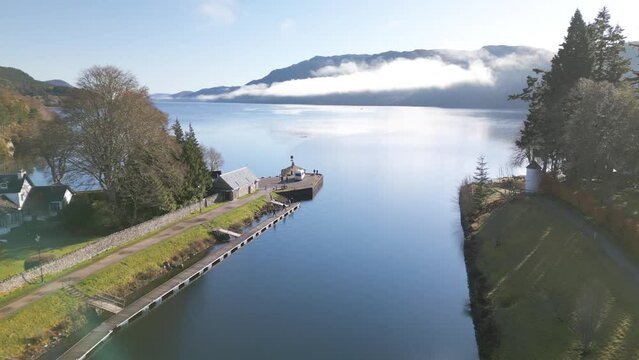 Cinematic Drone Flight Above Loch Ness, Fort Augustus, Scotland